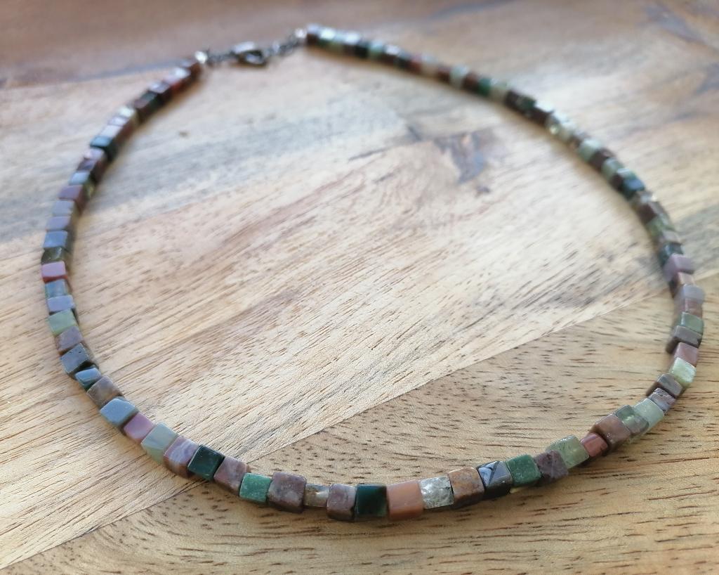 Nieuwe zelfgemaakte ketting met India agaat kubus kralen, Sieraden, Tassen en Uiterlijk, Kettingen, Overige kleuren, Nieuw, Verstelbaar