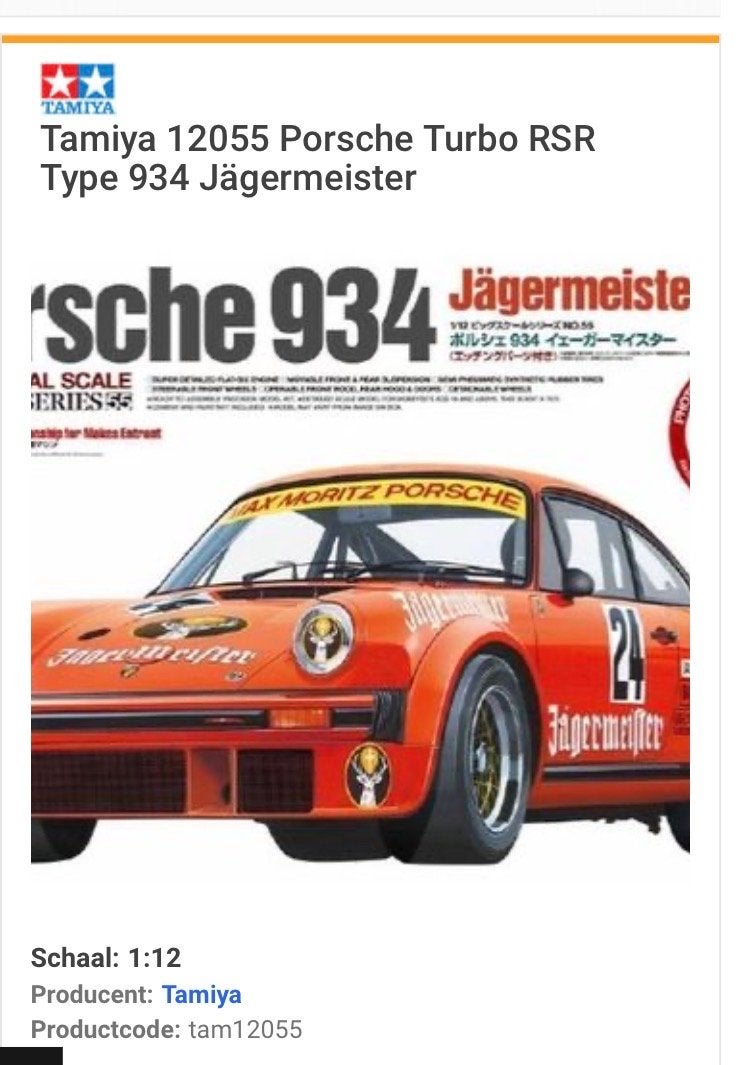 Tamiya 1:12 Porsche 934 Jägermeister - Nog af te bouwen, Gebruikt, Auto, Groter dan 1:32, Ophalen of Verzenden