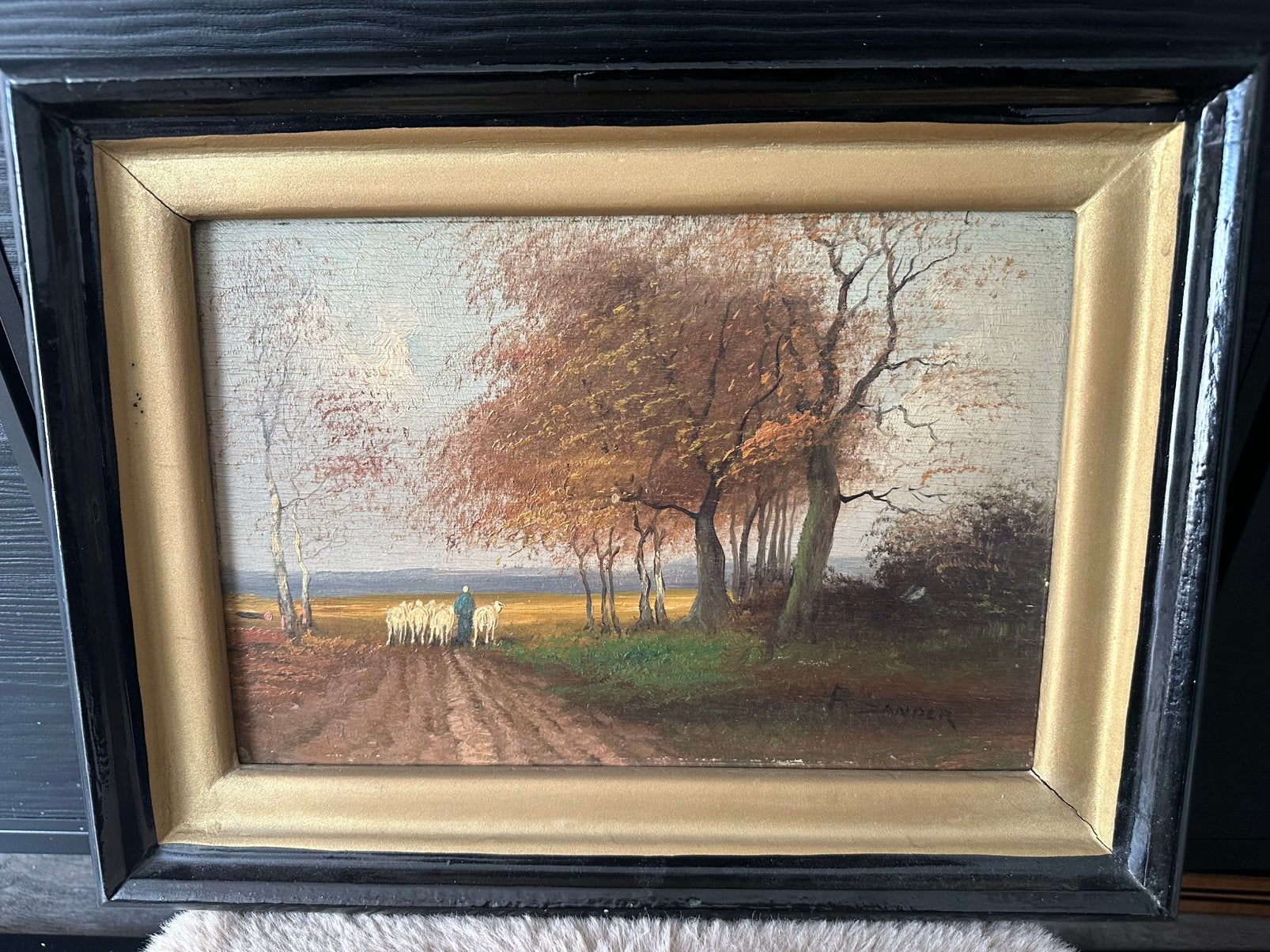 Oud schilderij herder met schapen, gesigneerd F. Sander, Ophalen of Verzenden