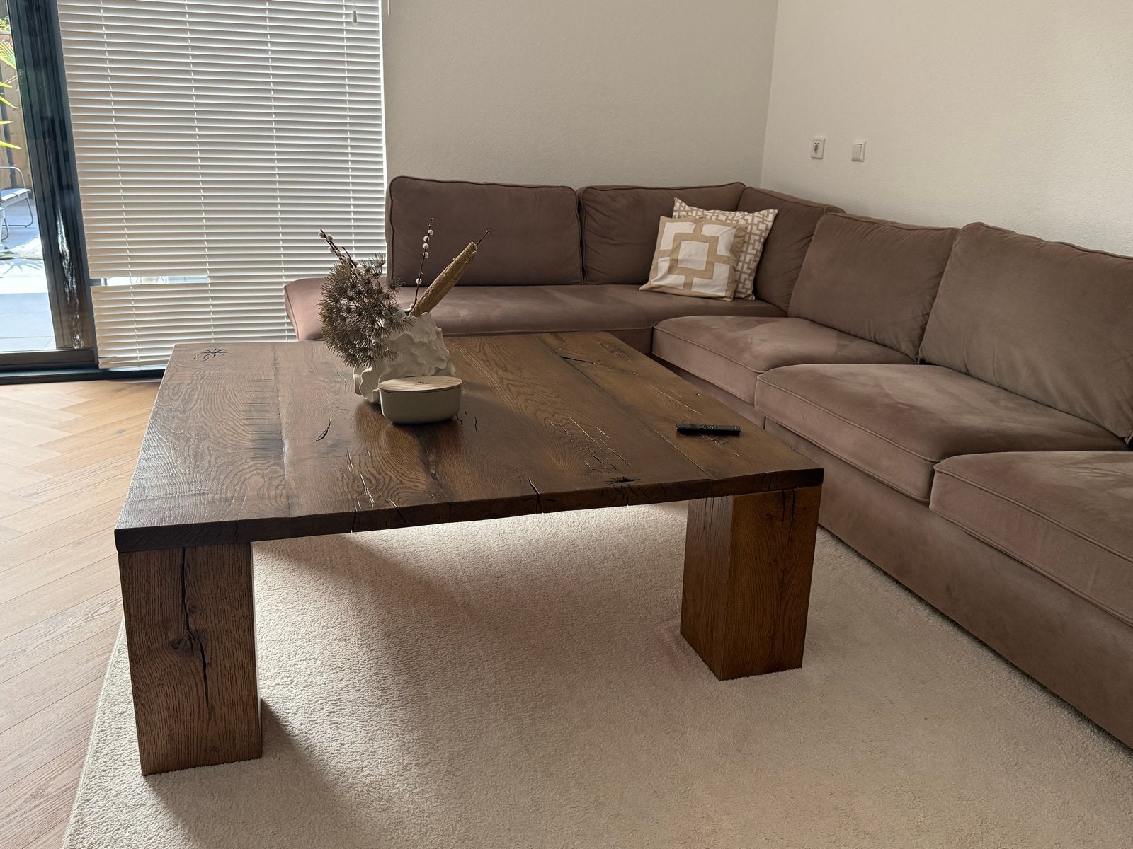 Massief Eiken Salontafel 130x130 cm - Rustiek & Robuust, Huis en Inrichting, Tafels | Salontafels, Ophalen, Gebruikt, 100 tot 150 cm