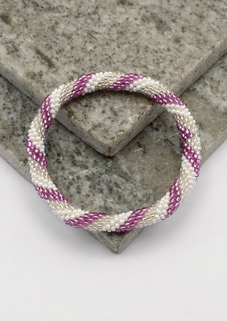 Glaskralen armband - zilver, wit en paars - RB148, Overige materialen, Overige kleuren, Nieuw, Ophalen of Verzenden