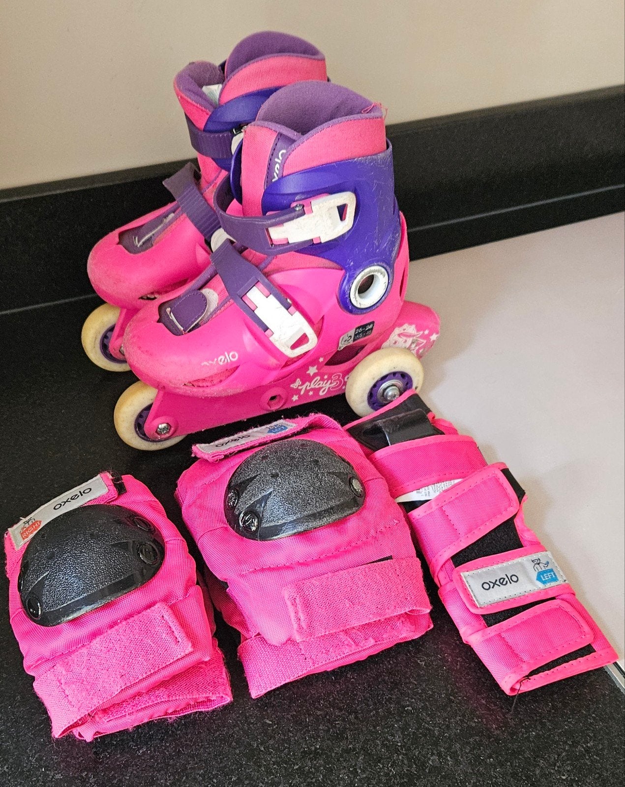 Roze Oxelo Play 3 rolschaatsen met beschermers (maat 26-28), Ophalen of Verzenden, Verstelbaar, Gebruikt, Kinderen