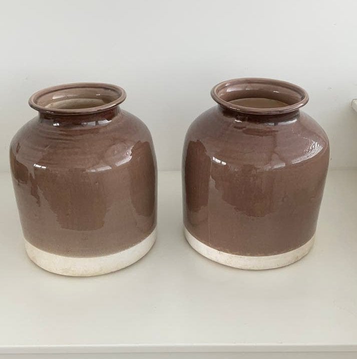 2 grote bloempotten, decoratiepotten bruin beige, Huis en Inrichting, Ophalen, Gebruikt, Bruin, Steen/keramiek