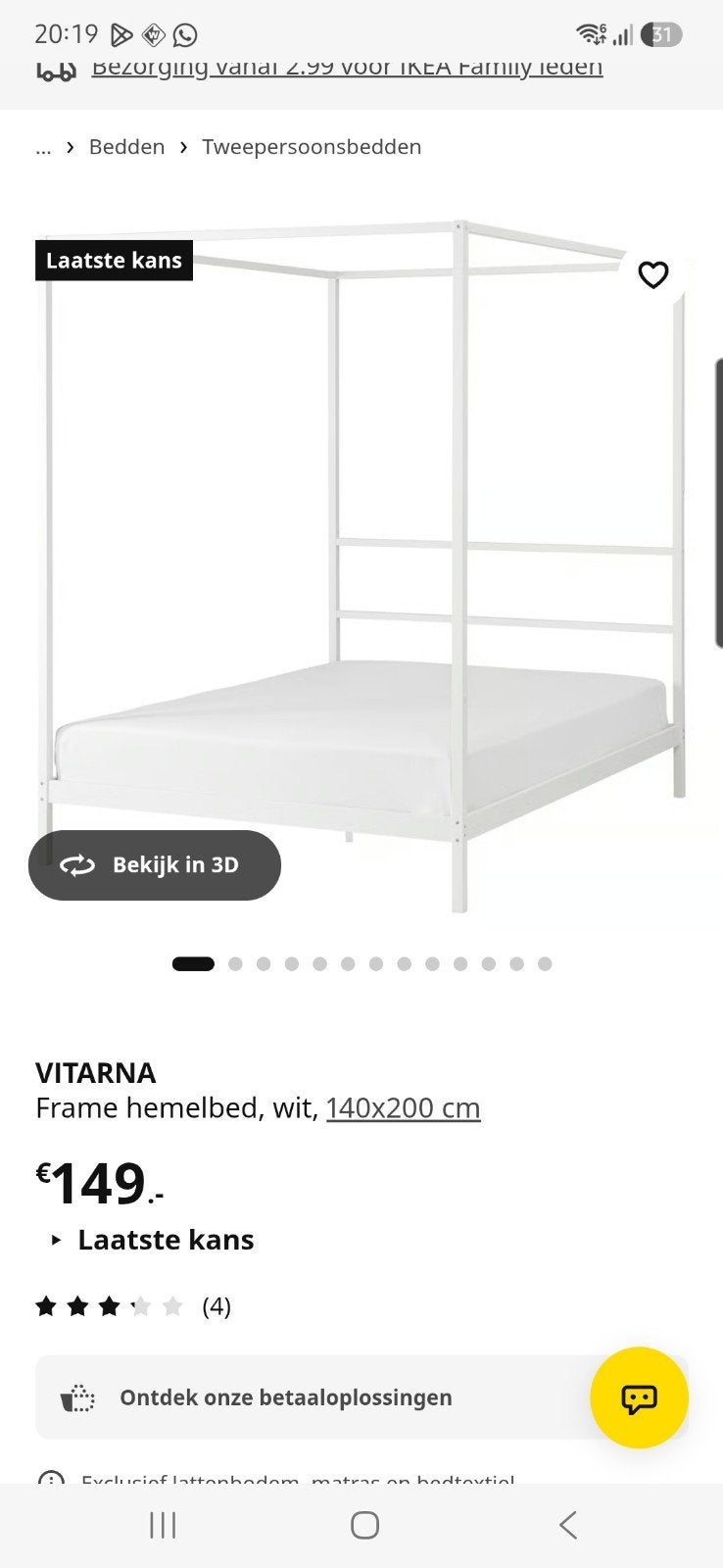 Ikea Vitarna Hemelbed 140x200cm ALS NIEUW, Ophalen, Wit, 140 cm, Zo goed als nieuw