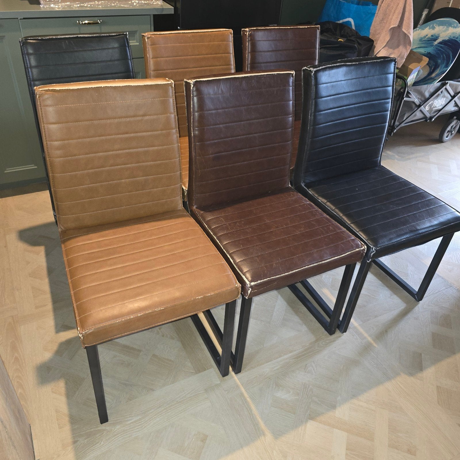 Set van 6 eetkamerstoelen in bruin, zwart en cognac, Ophalen, Gebruikt, Vijf, Zes of meer stoelen, Leer