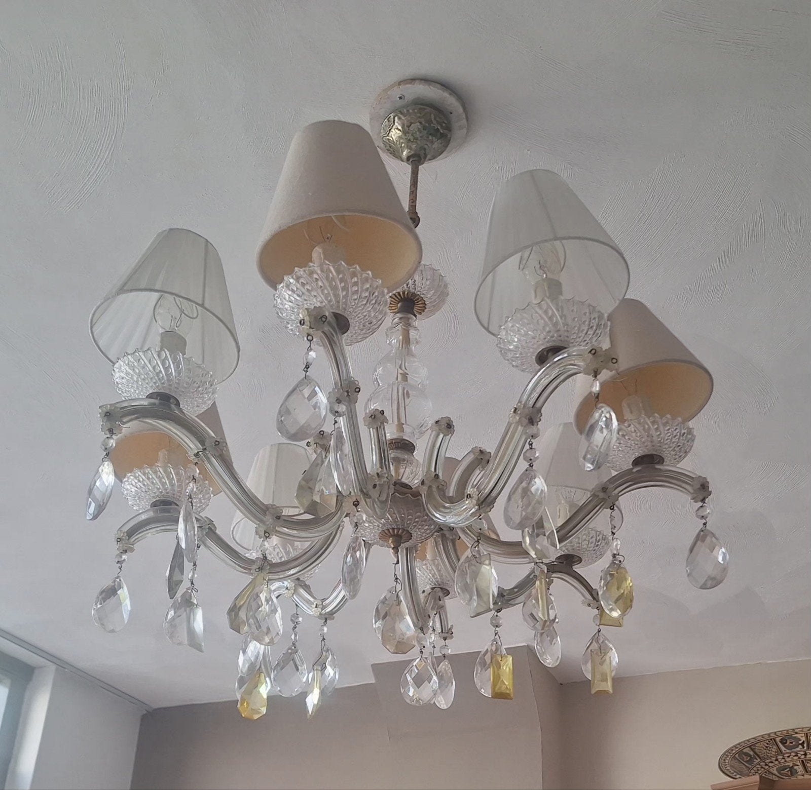 Antieke kroonluchter met 8 lampen/kapjes, Huis en Inrichting, Ophalen, Gebruikt, Glas, E14 (klein)