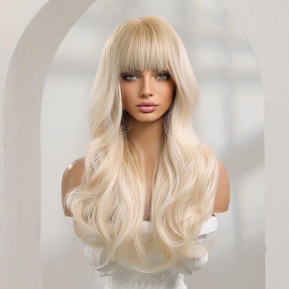 Golvende Lange Blonde Pruik Met Pony Haren Haar Dames Blond, Verzenden, Nieuw, Pruik of Haarverlenging