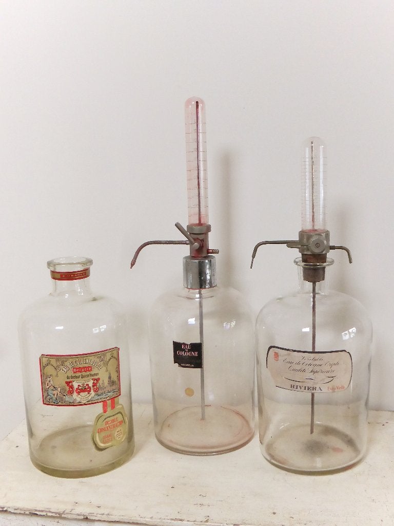 3 grote oude toonbank winkelflessen Eau de Cologne parfum, Ophalen, Parfumfles