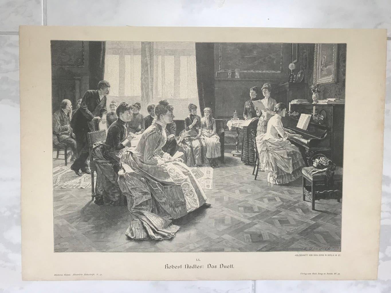 Robert Nadler: Das Duett, or. gravure, 1896, beeld 32x23cm., Origineel, Dagelijks leven, 1800 - 1899, Ophalen of Verzenden