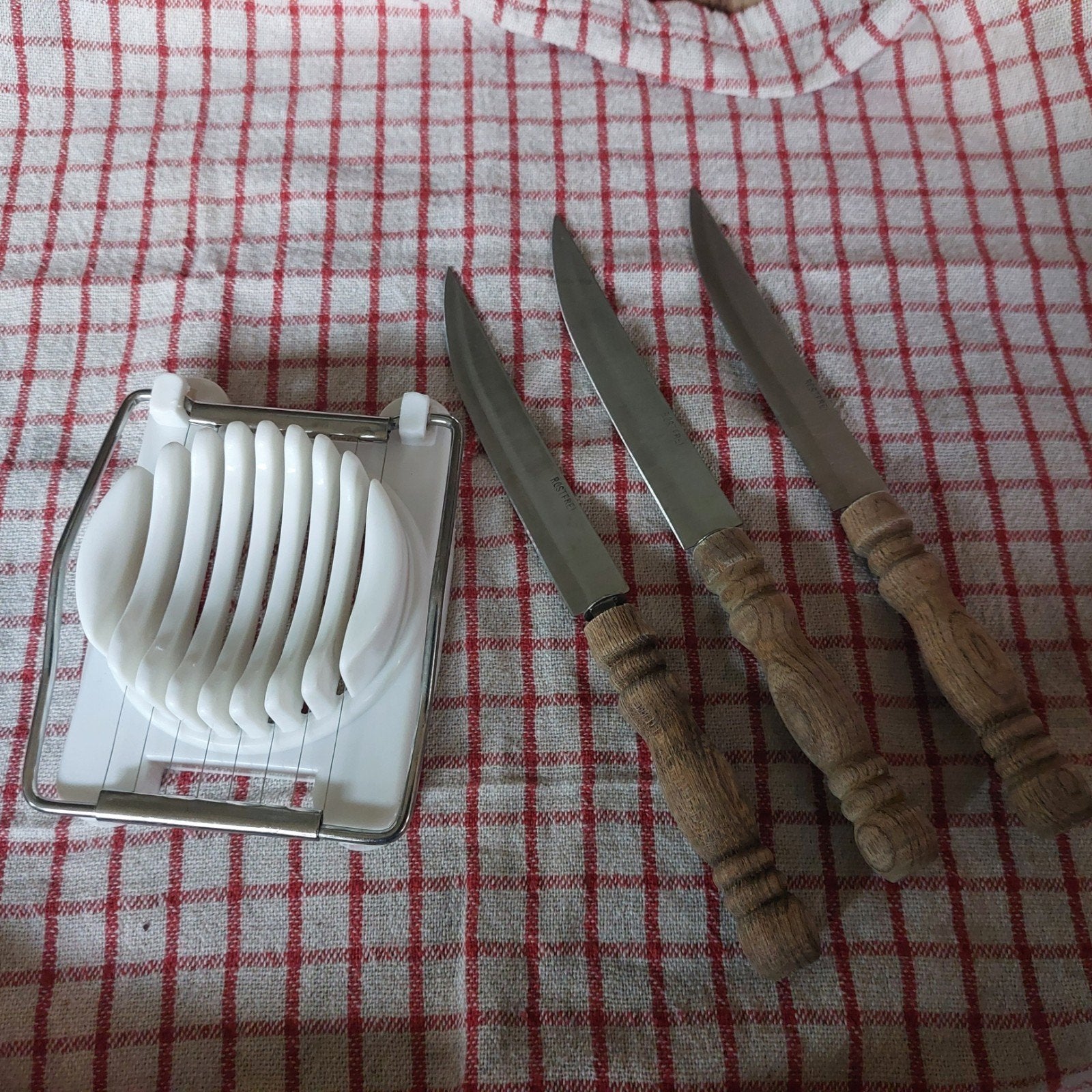 Eiersnijder en 3 messen met houten handvat, Hout, Ophalen of Verzenden, Meerkleurig, Overige typen