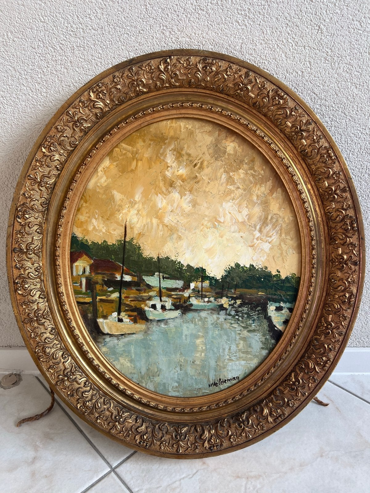 Ovaal schilderij van havengezicht met boten, gesigneerd, Antiek en Kunst, Ophalen, Impressionistisch, Gesigneerd, Olieverf
