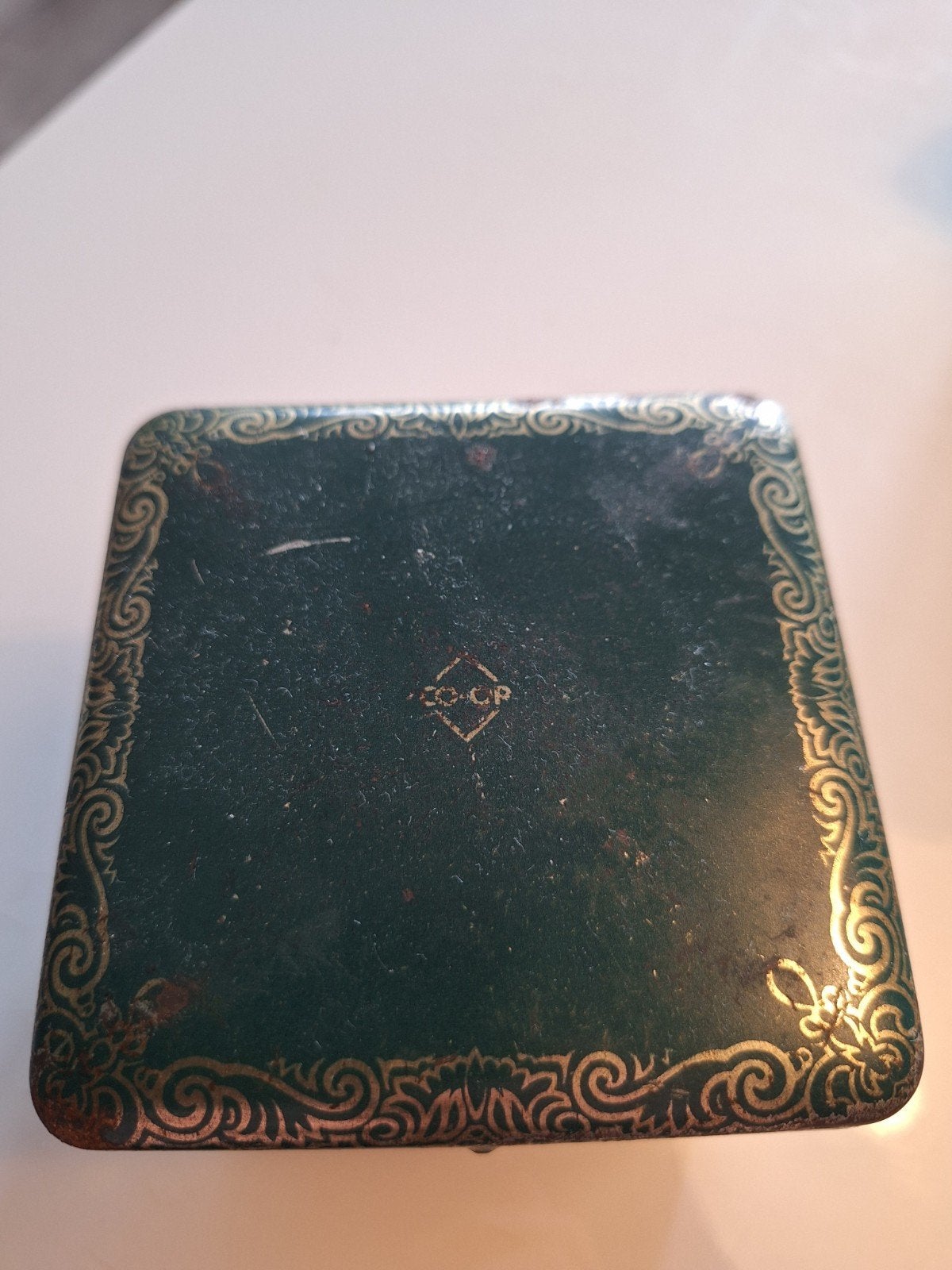 Vintage CO-OP Theeblik Groen en Goud, Verzamelen, Ophalen of Verzenden, Gebruikt, Thee, Overige merken
