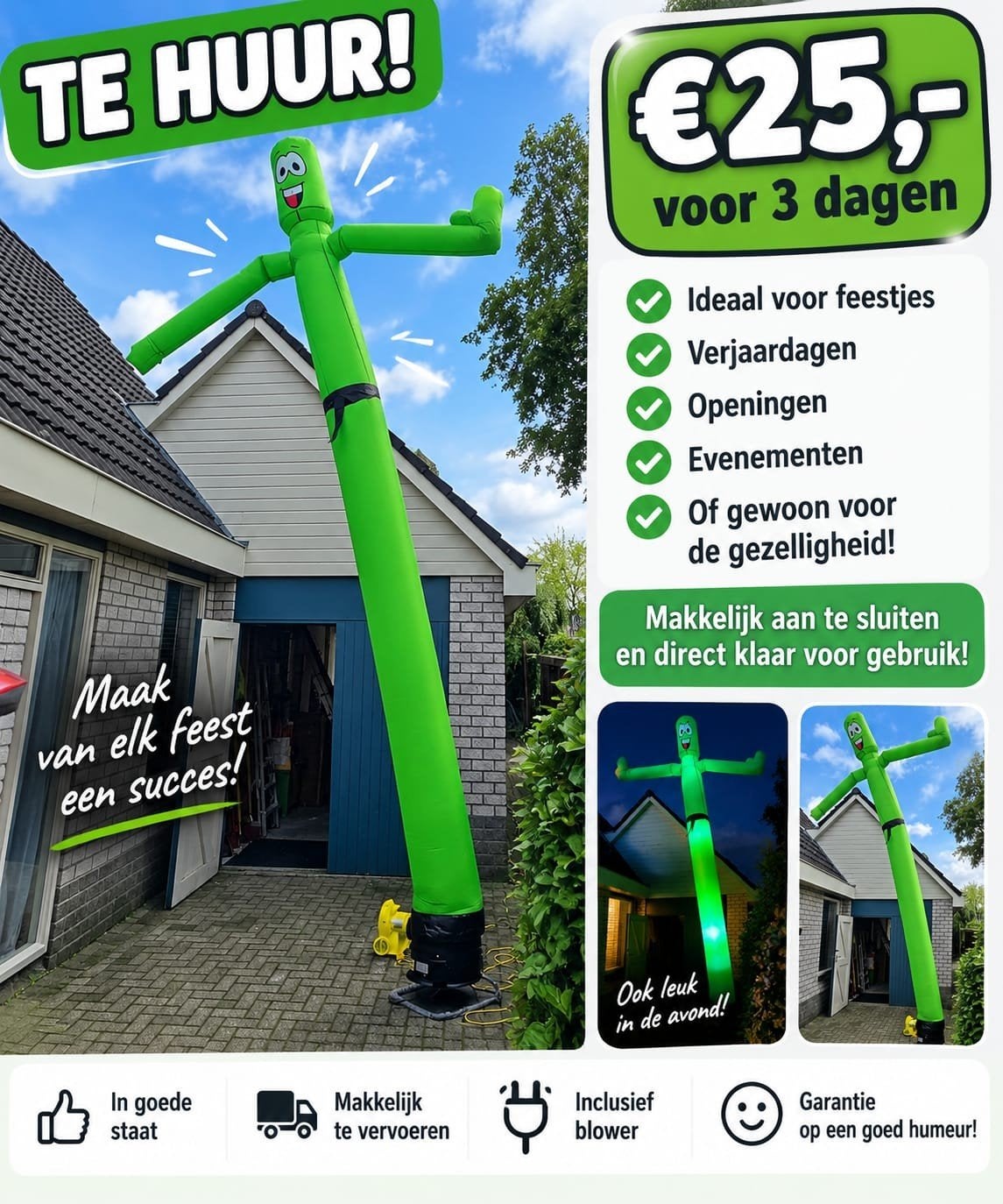 Opblaasbare Skydancer - Groen te huur, Ophalen, Zo goed als nieuw, Feestartikel, Overige