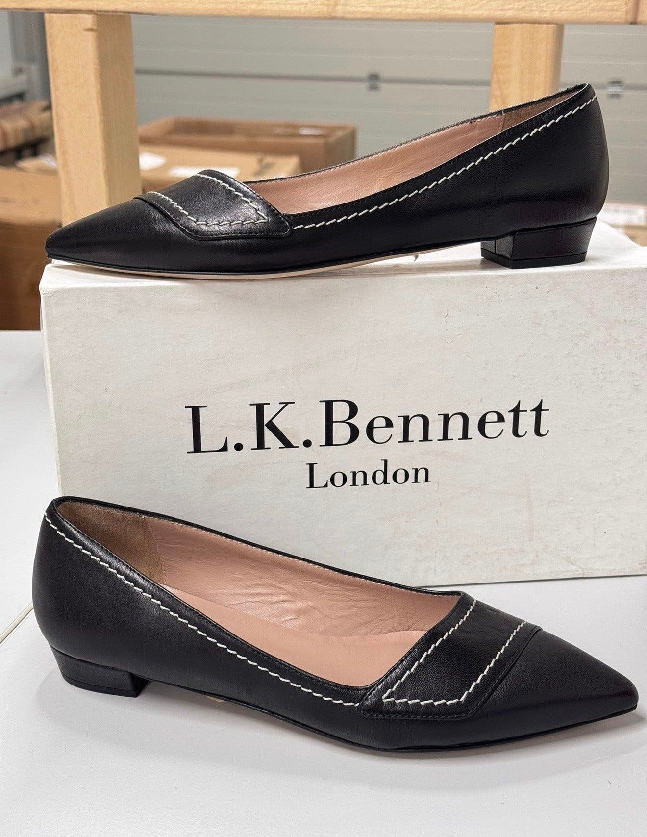 LK Bennett Polly Leather Contrast Stitch Flats schoen hak 37, Zwart, P, P, Nieuw