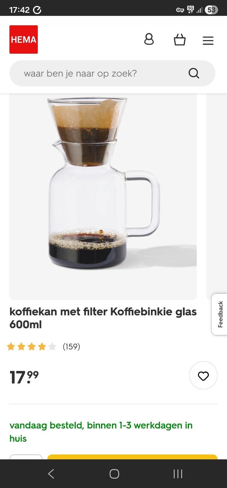 Glazen Koffiekan/ Koffiepot Koffiebinkie van Hema 600ml, Witgoed en Apparatuur, Koffiezetapparaten, Overige modellen, Gemalen koffie