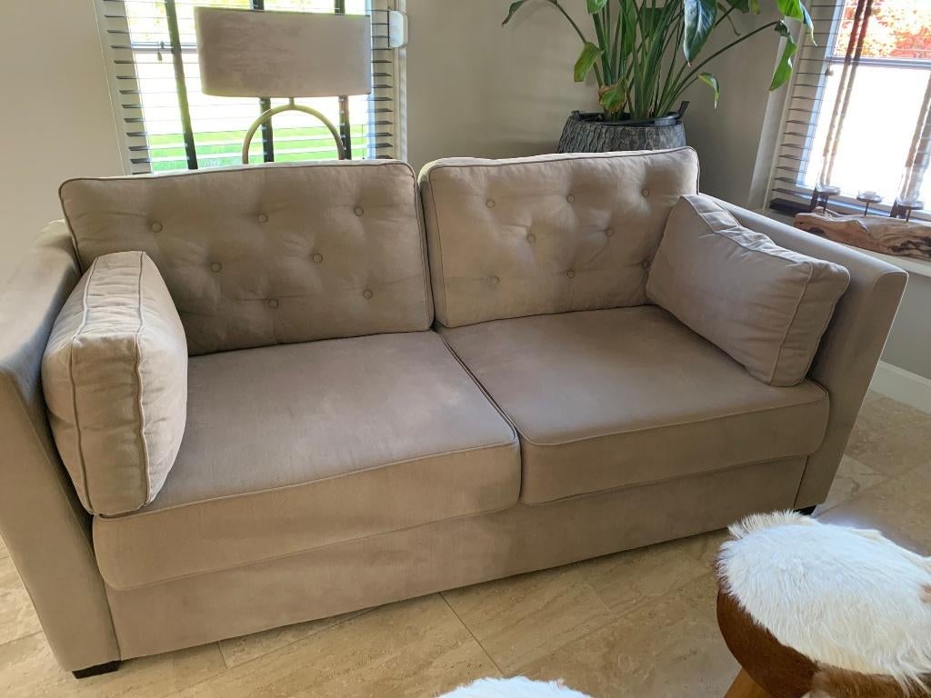 Bank Landelijk modern chique beige stoffen bank, Ophalen, Gebruikt, Tweepersoons, 75 tot 100 cm