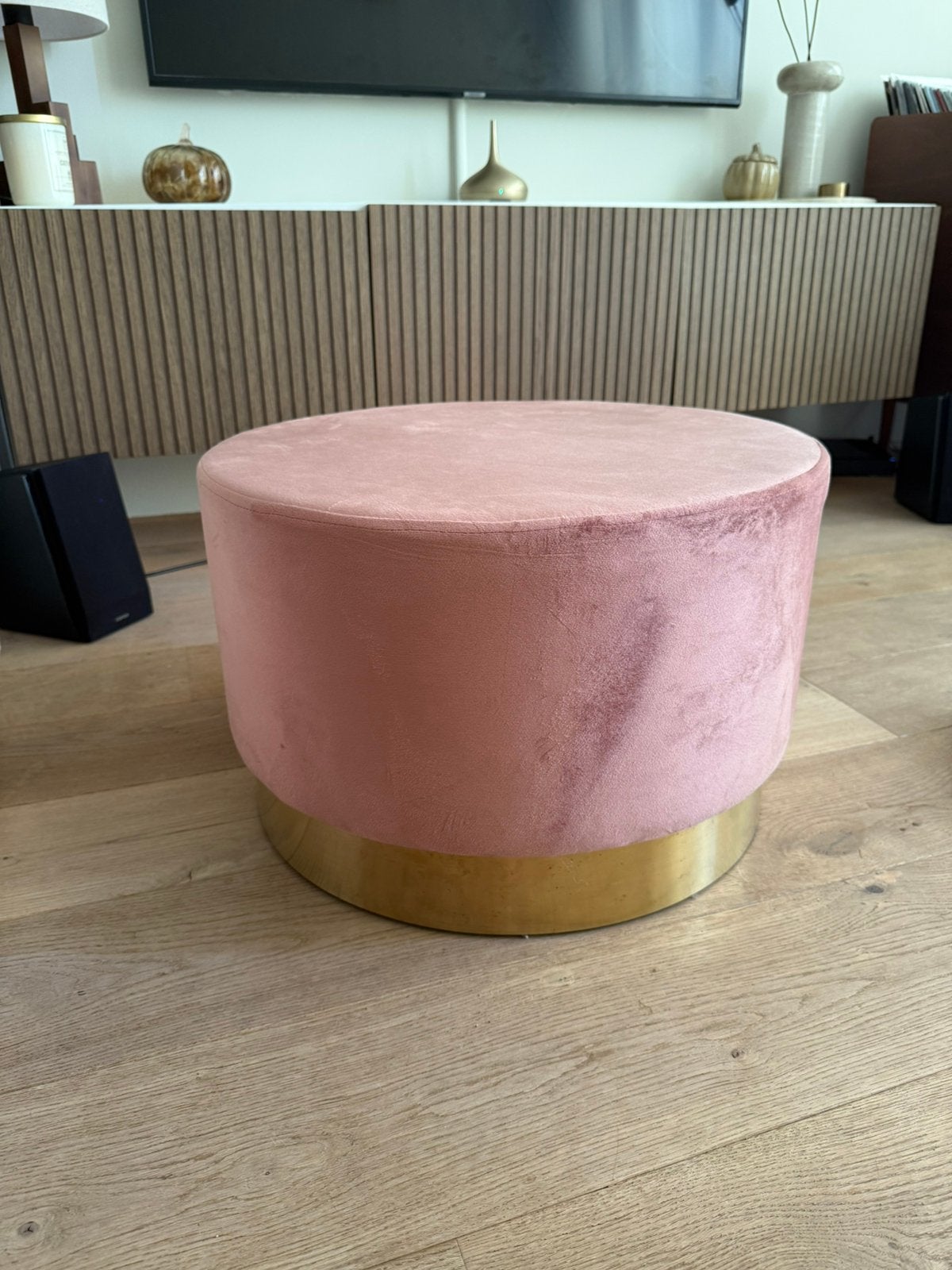 Kare Design Poef Cherry B55 X H35 Cm Mauve Fluweel Messing, Ophalen, Zo goed als nieuw, Metaal, 50 tot 75 cm