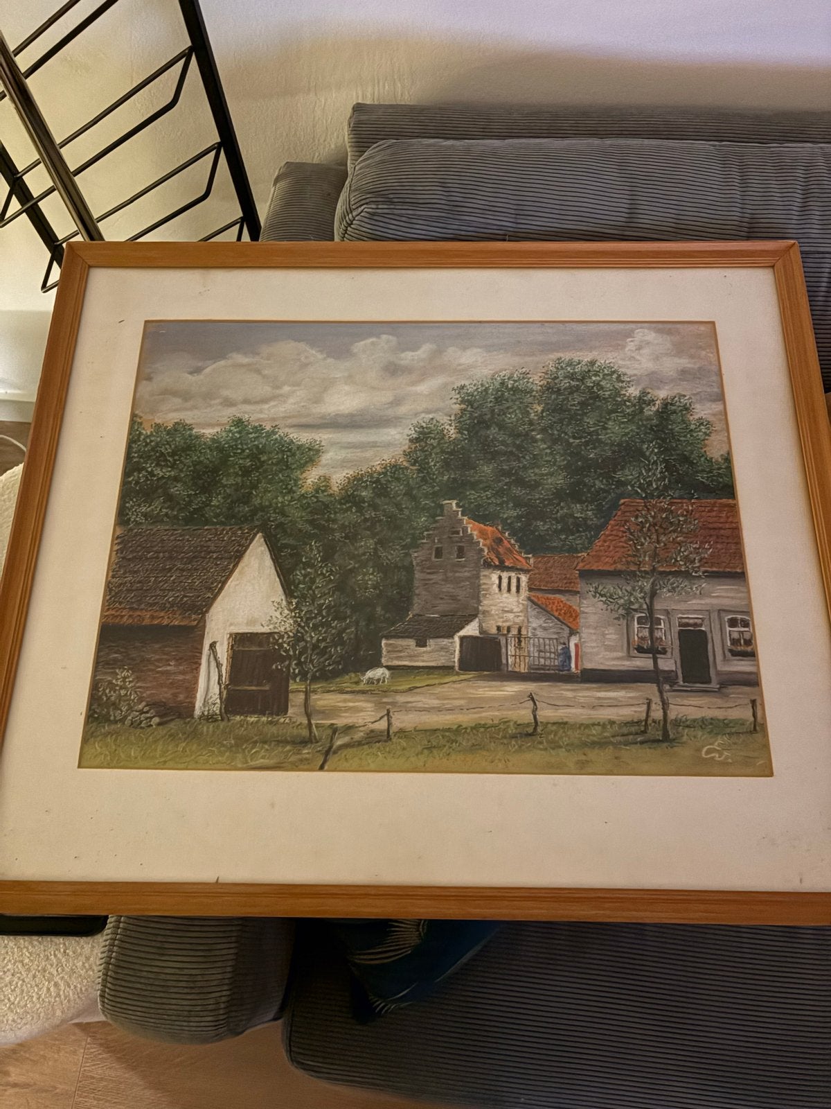 Schilderij: Charmant Dorpsgezicht met Boerderijen, Ophalen, Doek, Realistisch, Gesigneerd