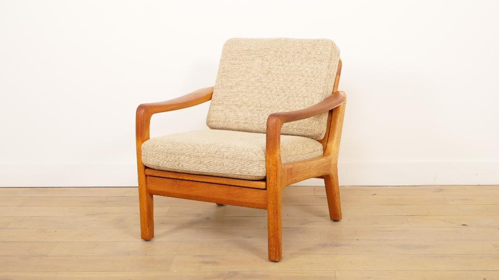 Vintage lounge fauteuil | Teak | Creme | Juul Kristensen, 75 tot 100 cm, Ophalen of Verzenden, Zo goed als nieuw, Stof