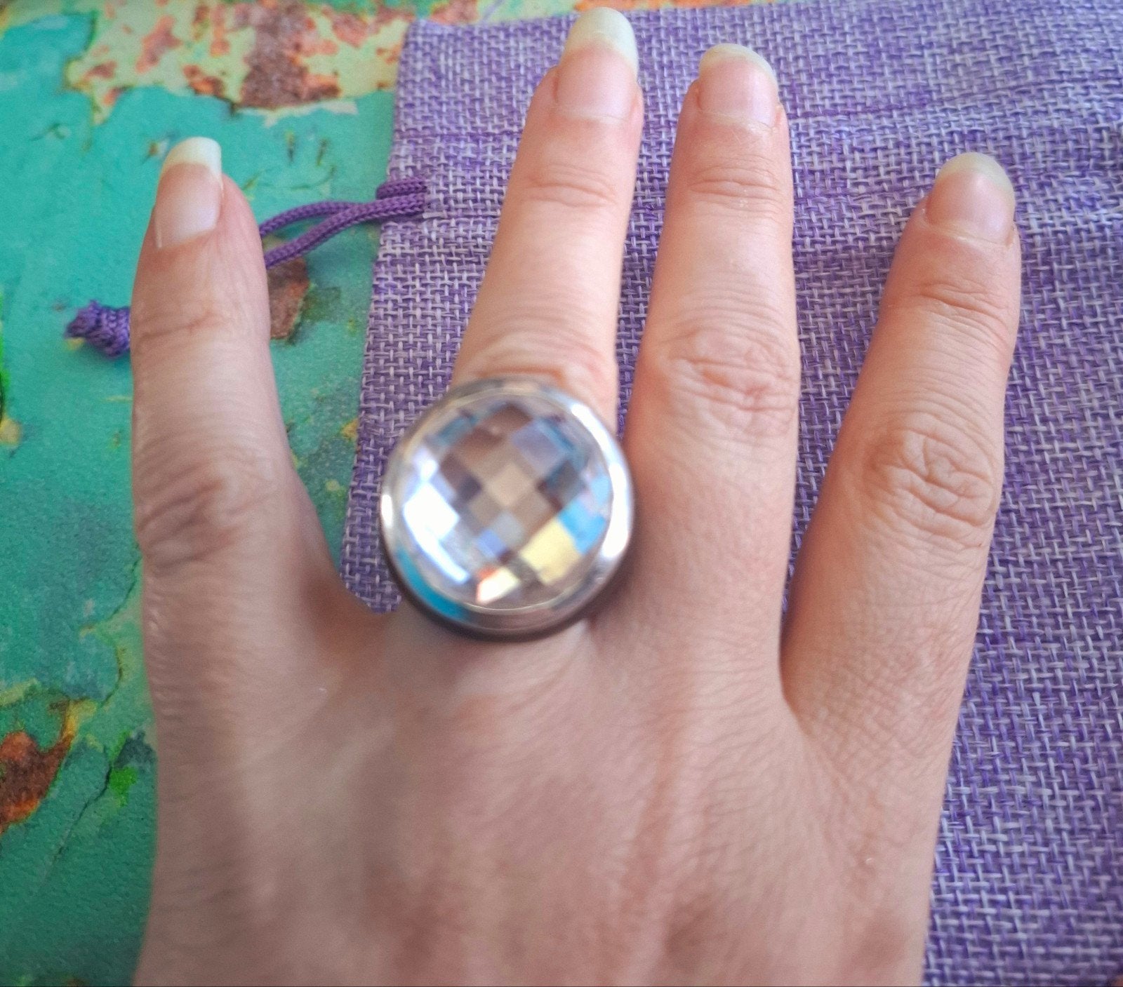 Zilveren statement ring met grote facet geslepen steen, Zwart, Ophalen of Verzenden, Zo goed als nieuw, 17 tot 18