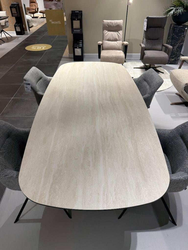 Montel Eetkamertafel Yuno, Huis en Inrichting, Tafels | Eettafels, Ophalen, Deens ovaal, travertin, 100 tot 150 cm, Glas