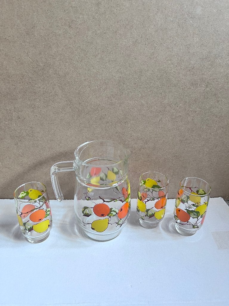 Vintage schenkkan ontwerp sinaasappel / citroen en 3 glazen, Glas of Glazen, Overige merken, Ophalen of Verzenden, Overige stijlen