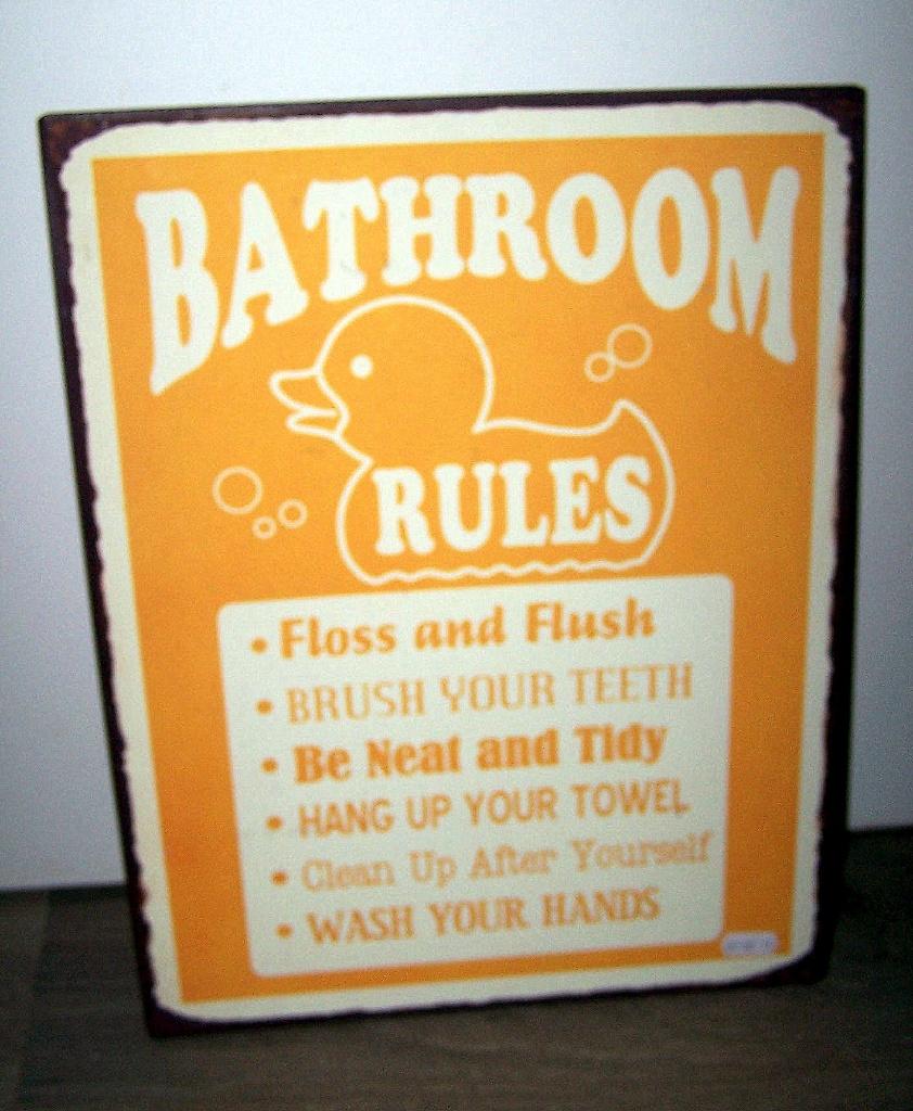 Retro metalen tekstbord Bathroom Rules. 39x30cm. Nwst., Huis en Inrichting, Ophalen of Verzenden, Zo goed als nieuw
