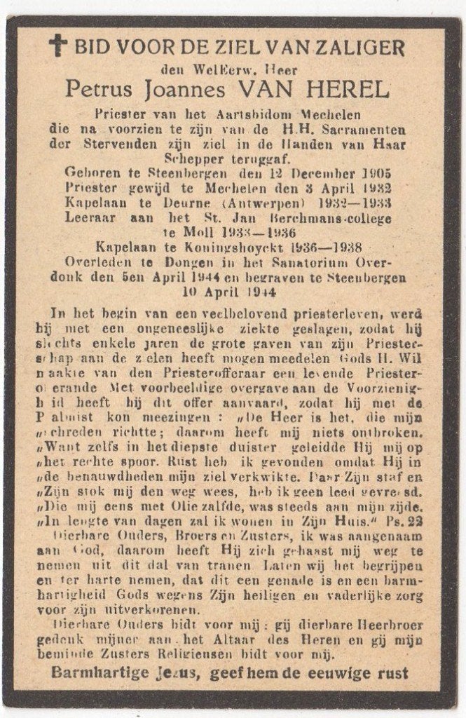 Priester Petrus J. van Herel 1905 Steenbergen + 1944 Dongen, Verzamelen, Bidprentjes en Rouwkaarten, Verzenden
