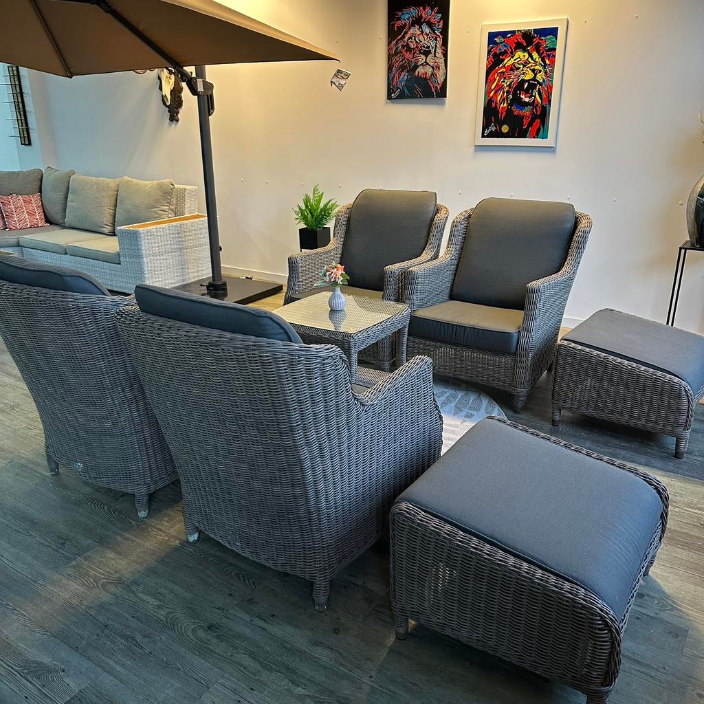 4 Seasons Outdoor (4SO) fauteuils + tafel + voetenbankjes, 4 zitplaatsen, Verzenden, ., Zo goed als nieuw
