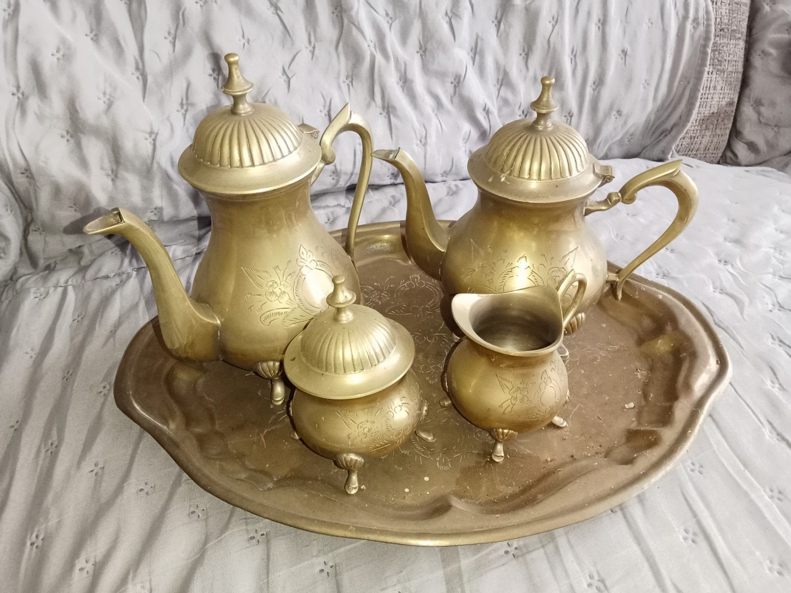 Antiek Koperen Theeservies met Dienblad - 5-delig, Ophalen of Verzenden