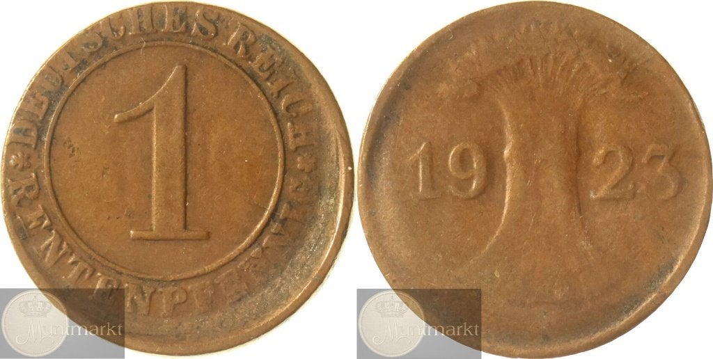 Duitsland - Weimar Republiek 1 Rentenpfennig 1923 'Misslag', Ophalen of Verzenden, Duitsland, Losse munt