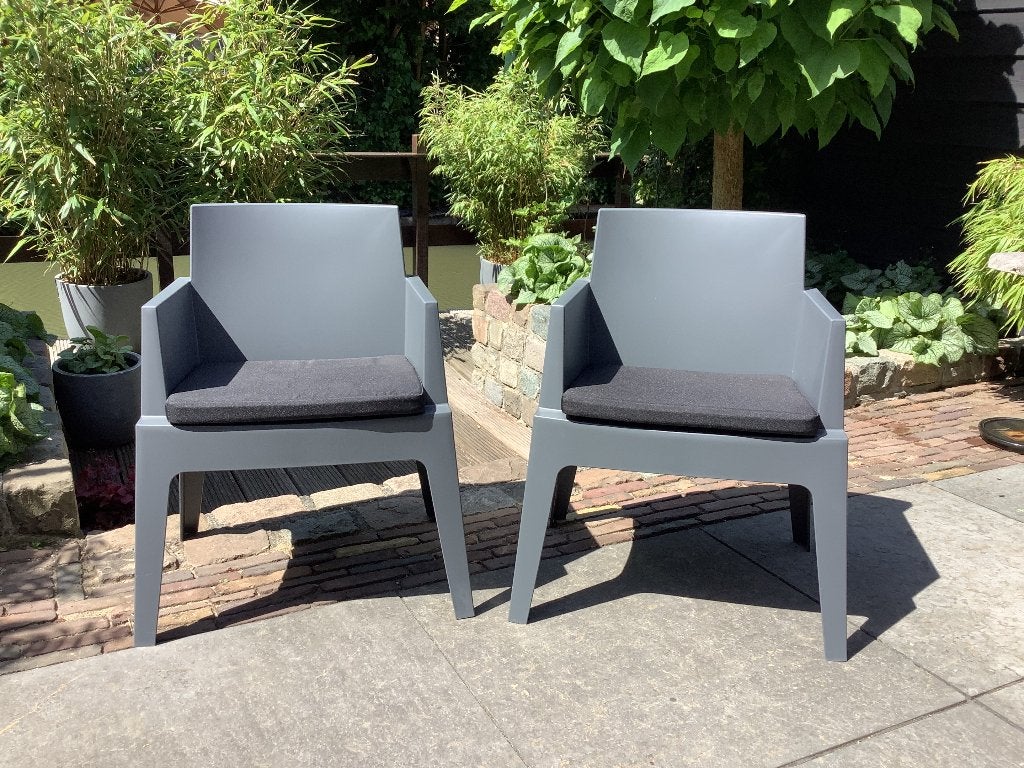 Set stapelbare tuinstoelen antracietgrijs, inclusief kussens, Tuin en Terras, Ophalen, Zo goed als nieuw, Kunststof, Stapelbaar