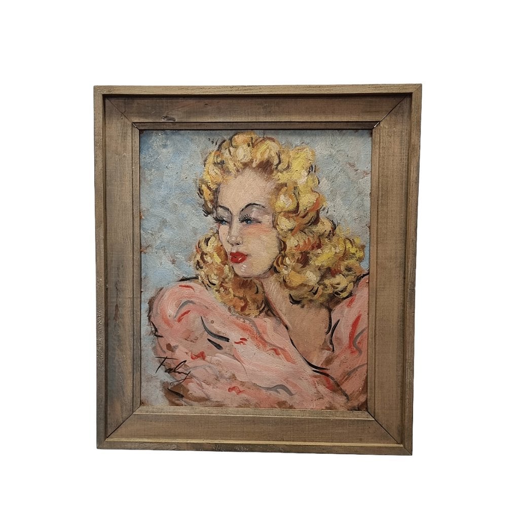 Vintage vrouwenportret in stijl van Jean-Gabriel Domergue, Paneel, Portret of Personen, Ophalen of Verzenden, Olieverf