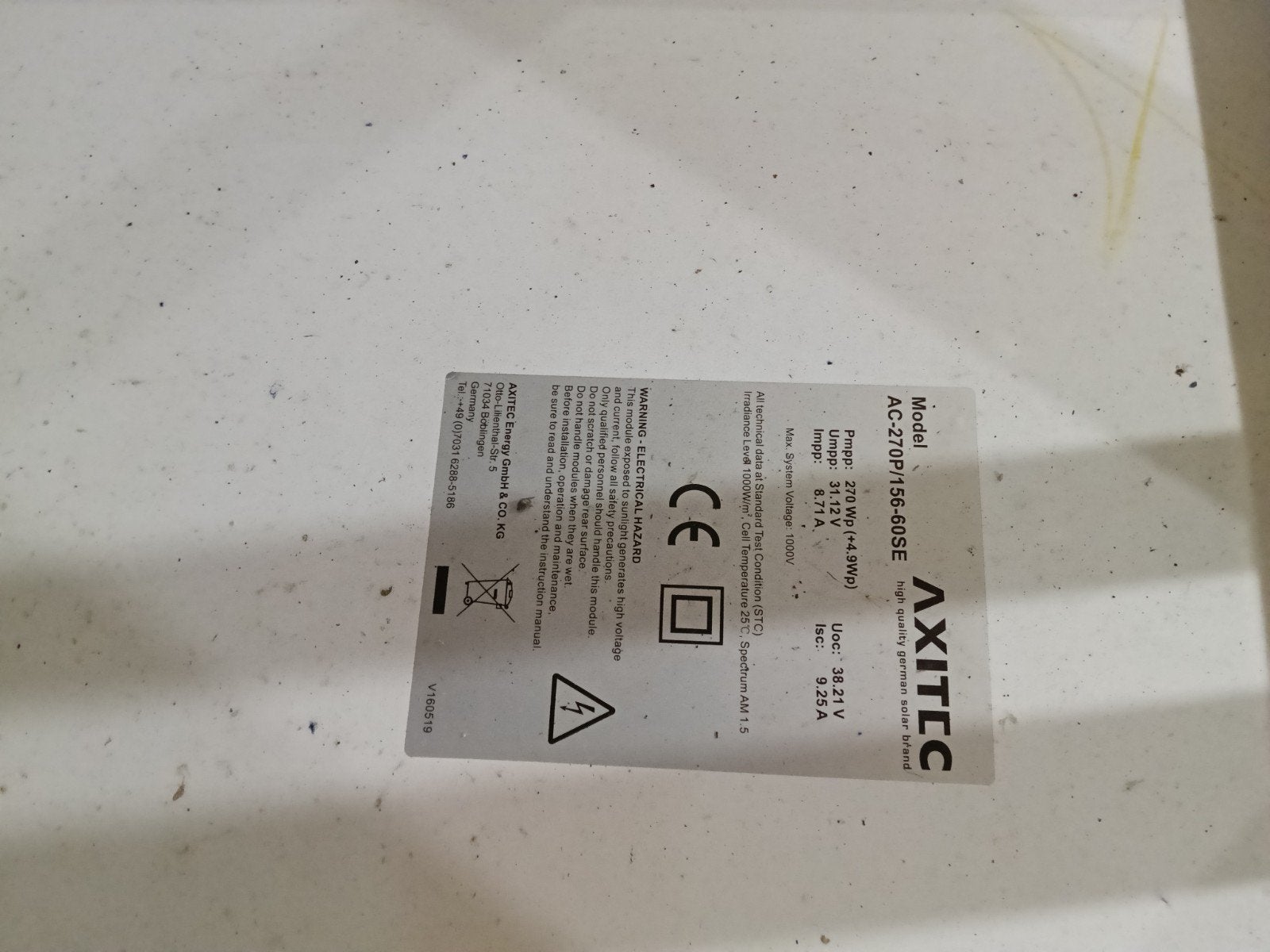 Axitec Zonnepanelen - 270Wp - Gebruikt, Ophalen of Verzenden, Gebruikt