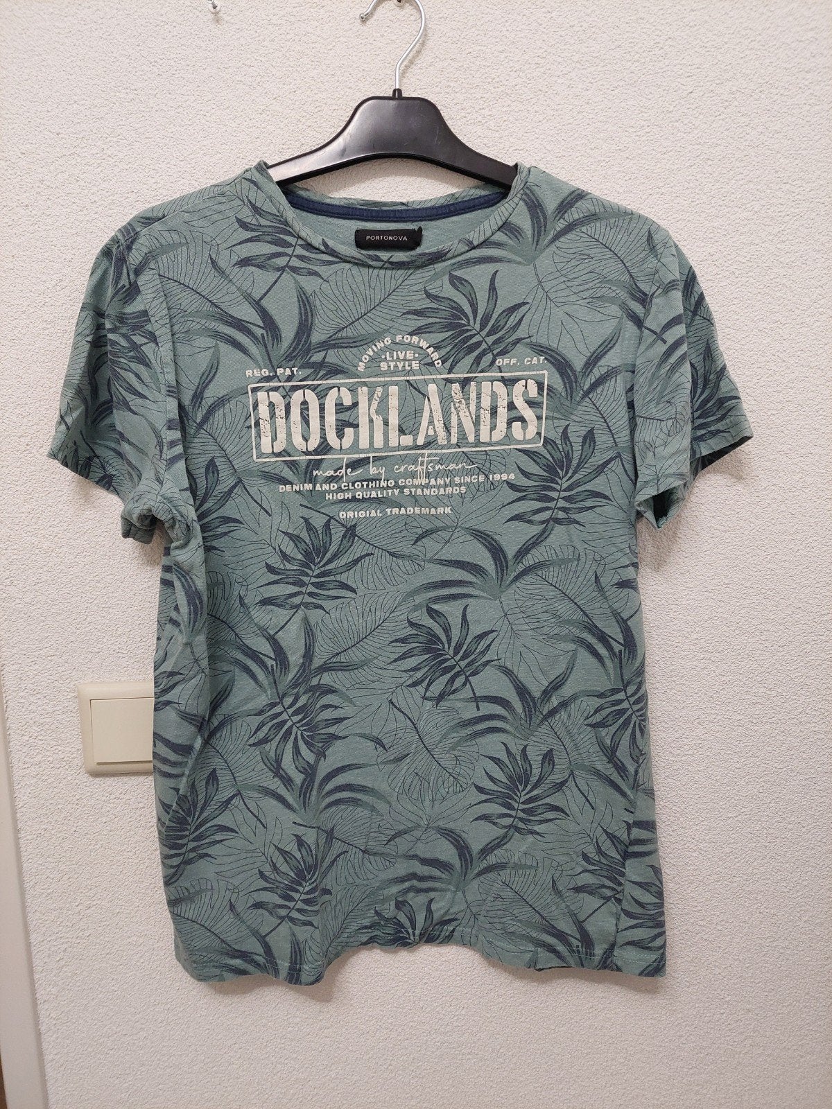 T-shirt korte mouw blauw groen grijs met bladeren maat L, Maat 52/54 (L), Blauw, Portonova, Ophalen of Verzenden