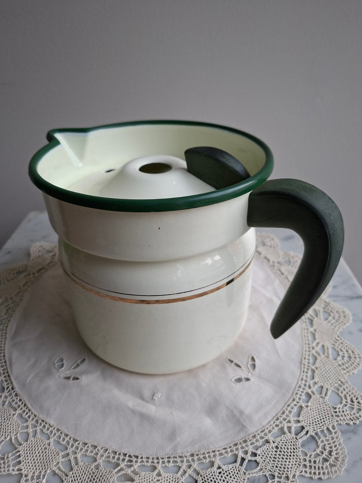 Vintage emaille melkkoker met deksel - Groen/Crème, Antiek en Kunst, Verzenden