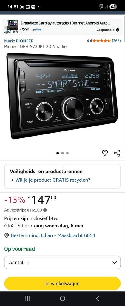 Pioneer DEH-S720BT 2DIN autoradio met Smart Sync, Ophalen, Zo goed als nieuw
