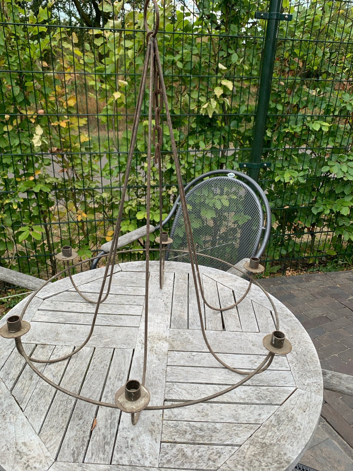 Antieke smeedijzeren kroonluchter met 6 kaarsenhouders, Antiek en Kunst, Ophalen, Overige materialen