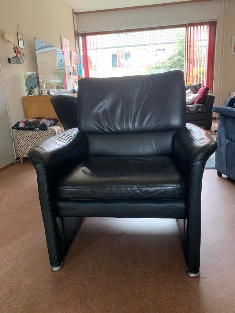 Zwart leren Musterring stoel, Ophalen, Gebruikt, 75 tot 100 cm, Leer