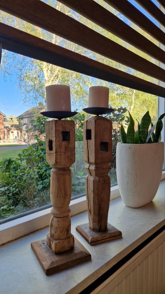 Unieke houten kandelaars voor vensterbank decoratie, Ophalen of Verzenden, Overige materialen