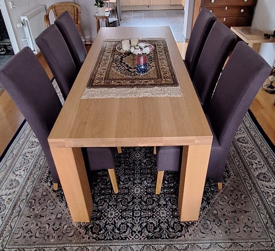 Eikenhouten eettafel met 6 stoelen, Ophalen, Gebruikt, Eikenhout, 50 tot 100 cm