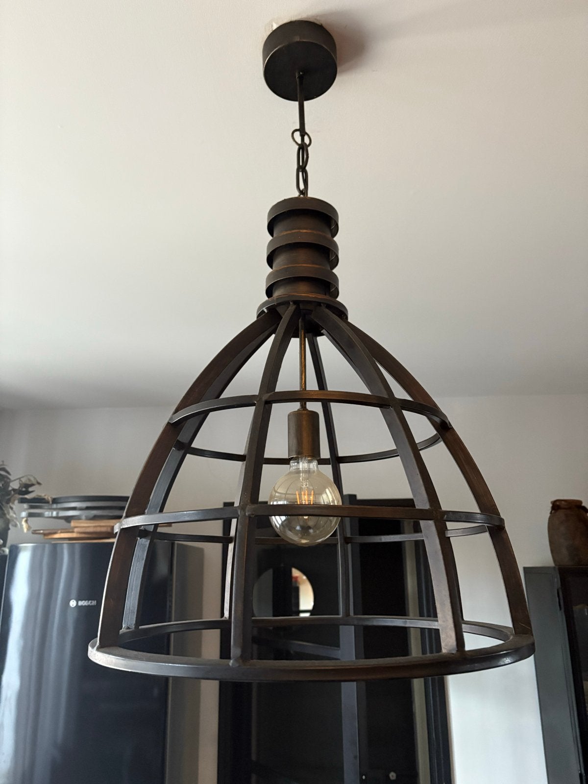 Industriële hanglamp PTMD- metalen kooi design, Ophalen, Zo goed als nieuw, Metaal, E27 (groot)