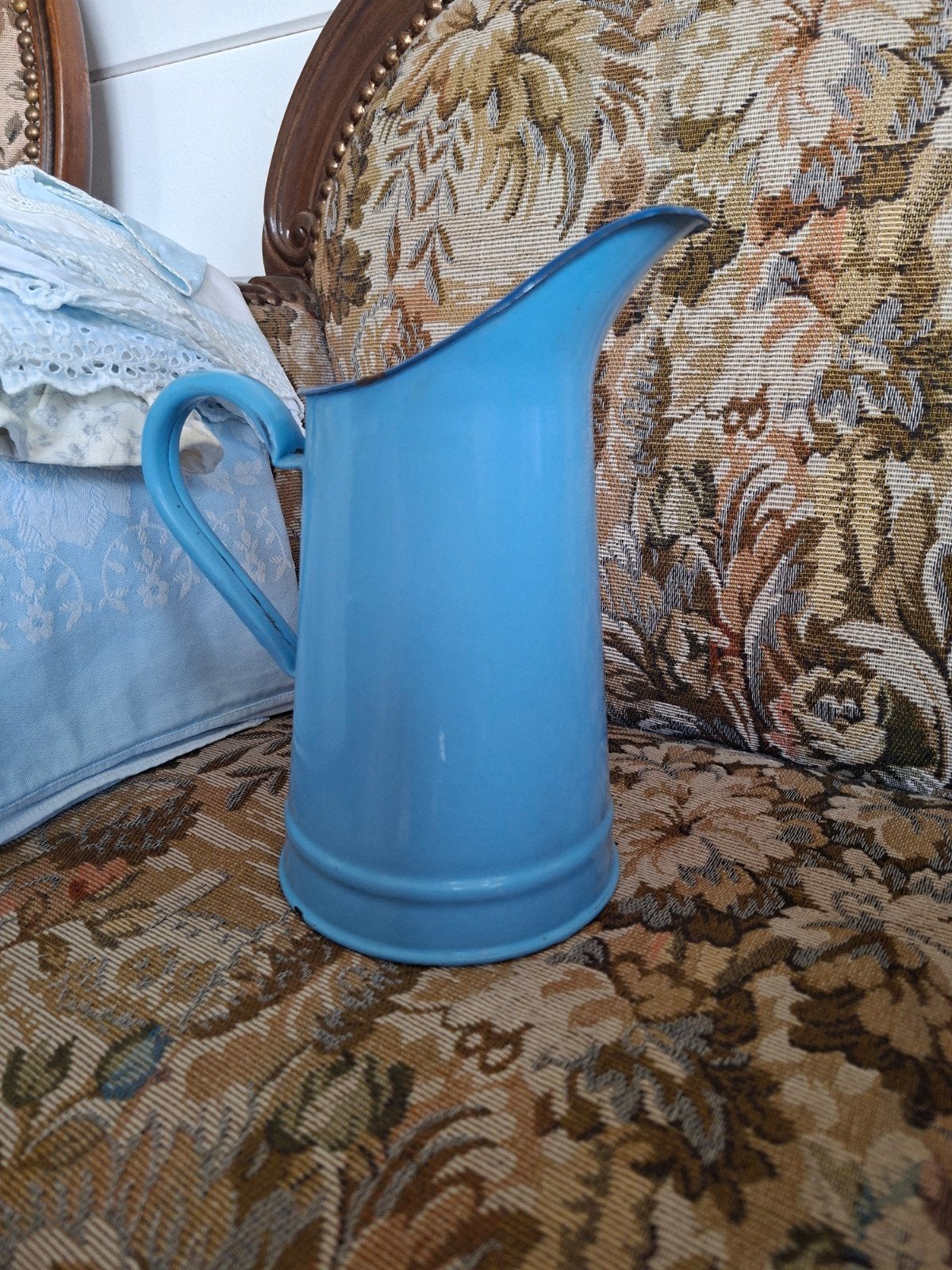 Antiek brocante oude licht blauw zweeds blauw emaille kan, Antiek en Kunst, Ophalen of Verzenden