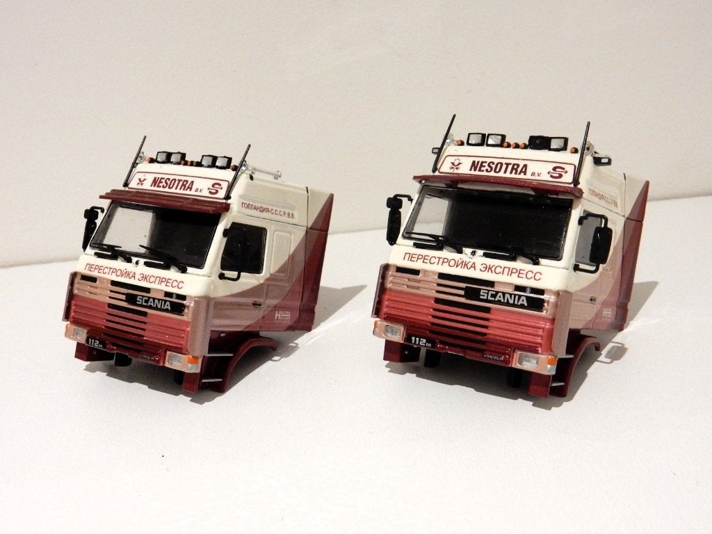 Tekno 2x Scania 112m Estepe cabine Nesotra 1/50, Ophalen of Verzenden, Zo goed als nieuw, Bus of Vrachtwagen, Tekno