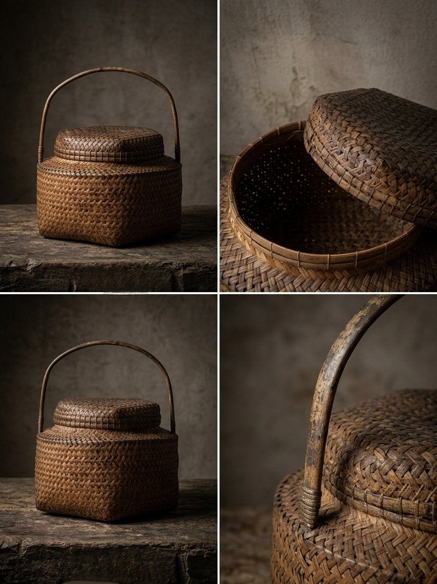 Prachtige Antieke/Sober Woven Rijstmand met Deksel, Ophalen of Verzenden