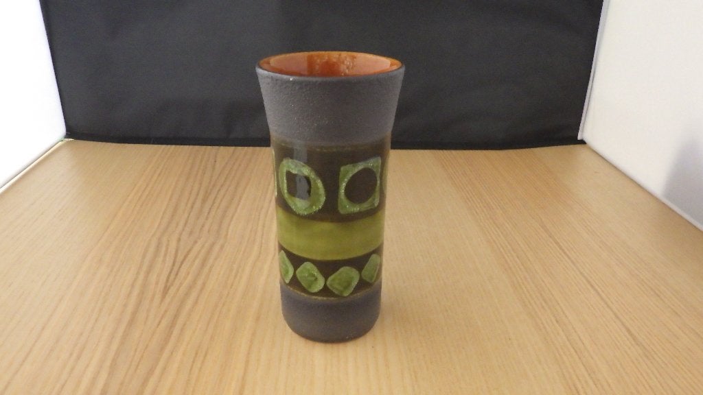 mooie donkere vaas met groene versiering, Ophalen of Verzenden, Gebruikt, Overige kleuren, Steen/keramiek