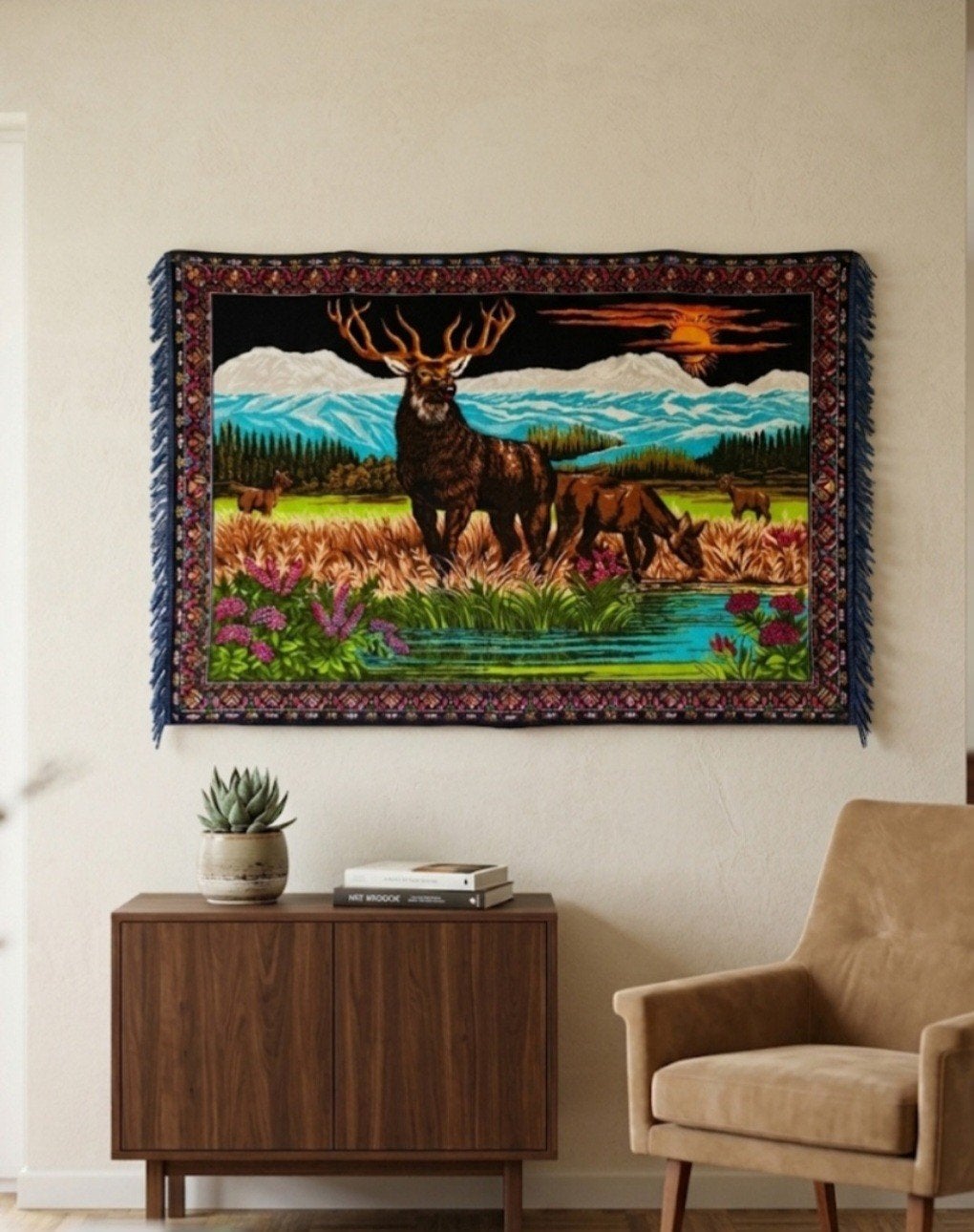 Origineel Vintage Wandkleed uit de Jaren '70, Zwart, Natuur, Wildlife, Landschap, Bohemien, 100 tot 150 cm, Ophalen of Verzenden