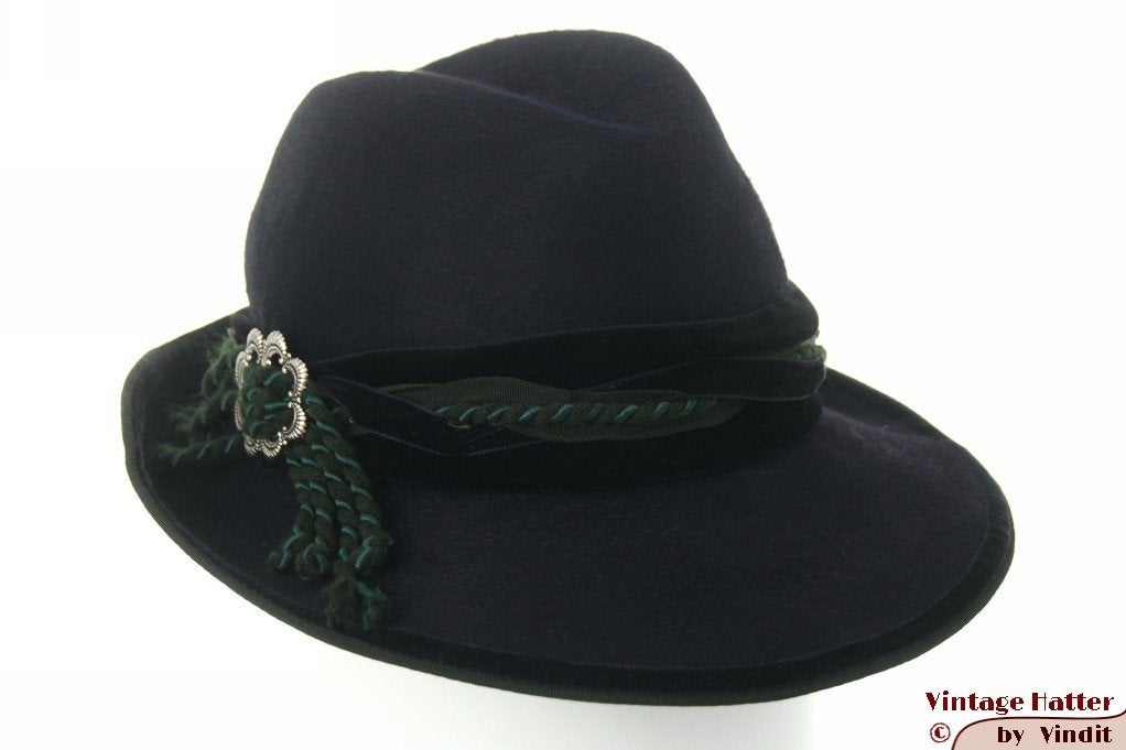 Vintage Dames jachthoed Dolomitenhut donkerblauw haarvilt 57, Kleding | Dames, 56 of 57 cm (M, 7 of 7⅛ inch), Hoed, Ophalen of Verzenden