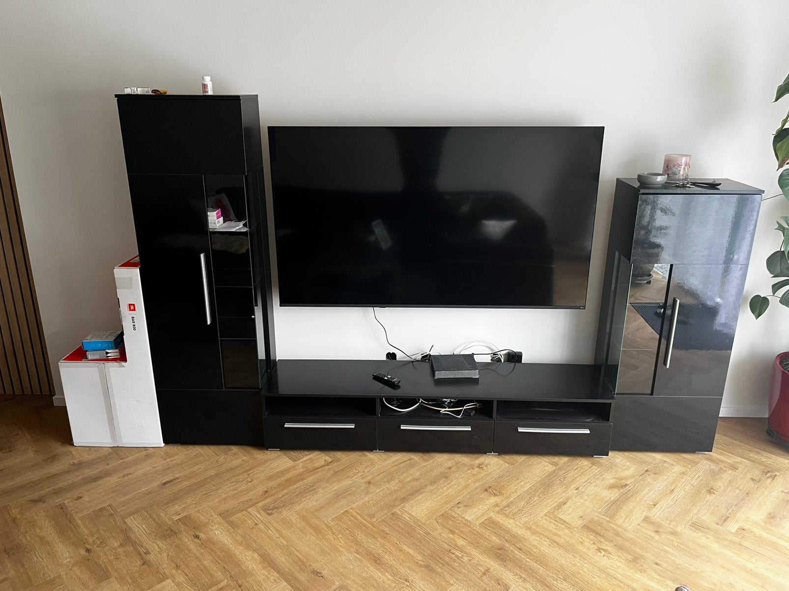 Zwarte hoogglans meubelkast te koop (3-delig), Ophalen, Zo goed als nieuw, Vrijstaande haard, Houthaard