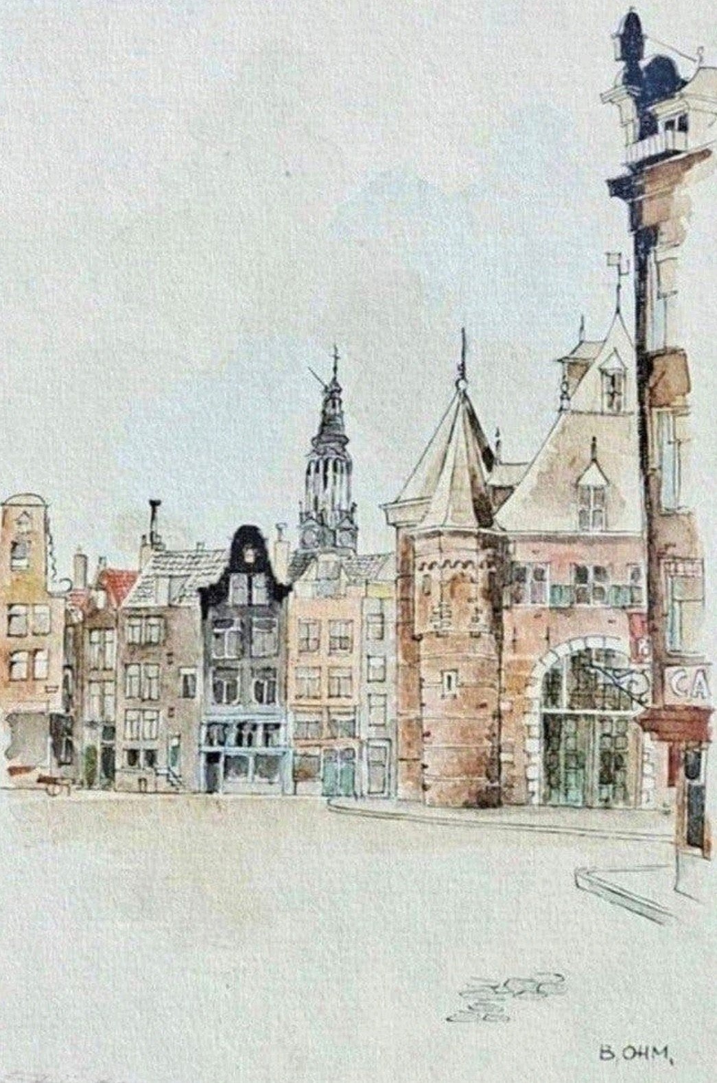 Zeldzame aquarelpentekening Nieuwmarkt Amsterdam 1920-1930, Antiek en Kunst, Ophalen of Verzenden